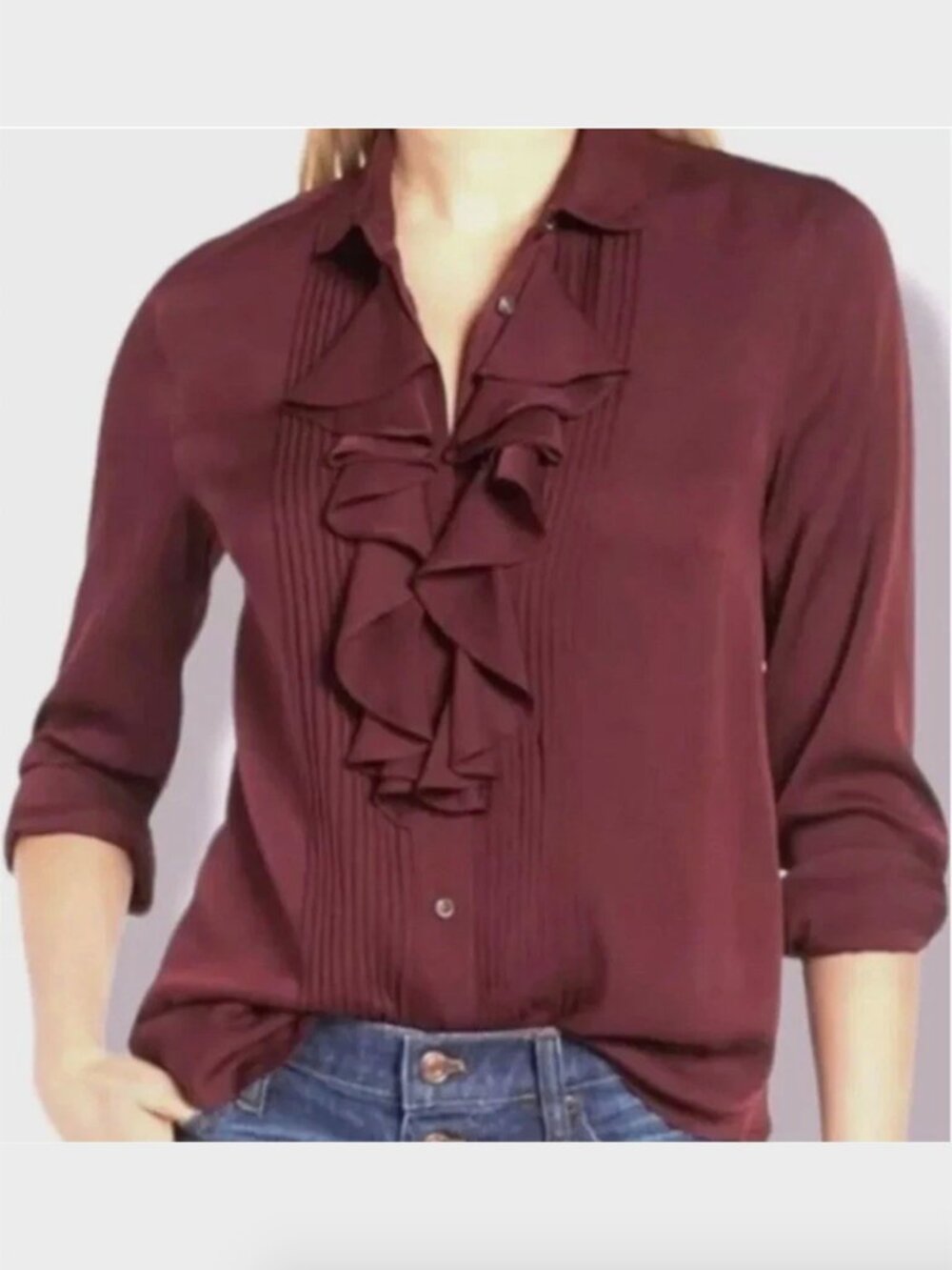 J. Crew Silk Burgundy Ruffle Pleated Button-Down Blouse - Size 6